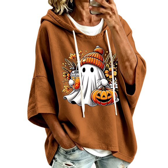 Women Hoodies Halloween Soft Ghost Pattern 3/4 Sleeve Party Pullover Sweatshirt Tops Fall Winter Warm Clothing Coffee L