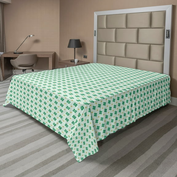 Ambesonne Floral Flat Sheet, Polka Dots and Shamrock Leaf, Queen Size, Mint Green Khaki