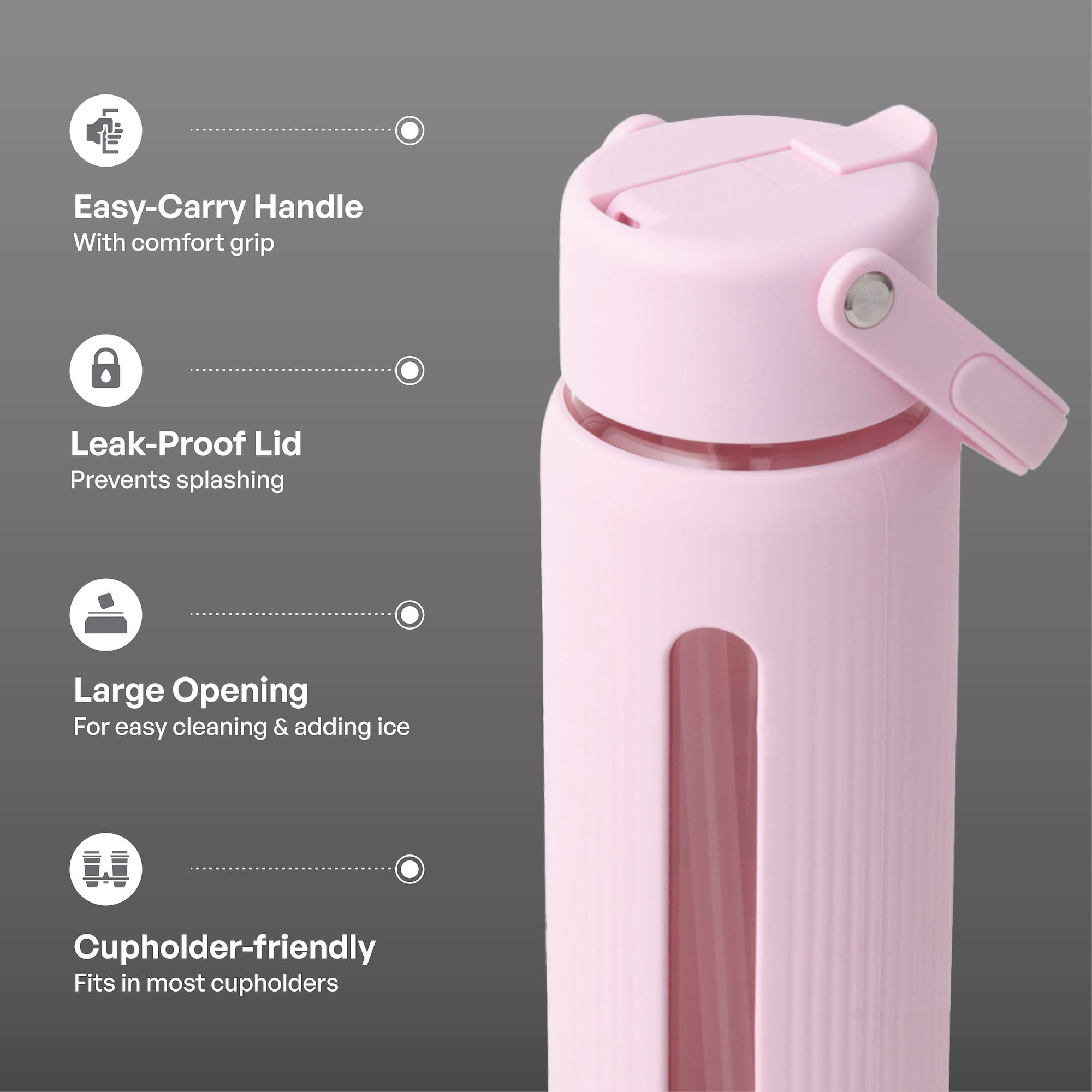 TAL 24oz Glass Willow Water Bottle with Flip-up Straw and Handle, Light Pink