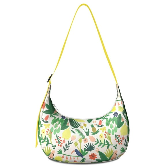 Summer Beach Tropical Floral Crossbody Bag for Women Hawaiian Print Corduroy Shoulder Purse with Adjustable Strap Exotic Botanical Crescent Sling Bag