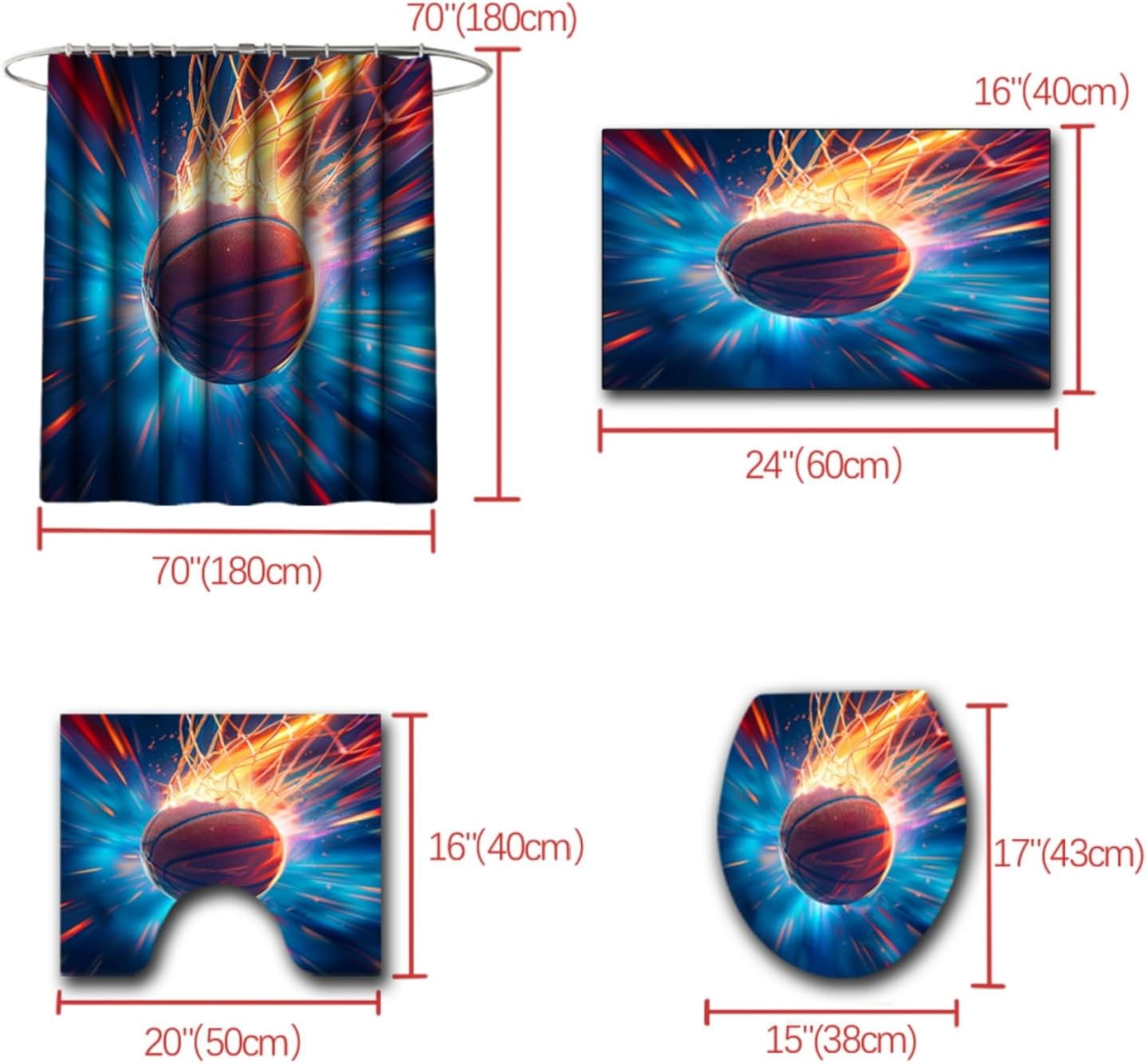 Basketball Shower Curtain Set - 4PCS Sports Shower Curtain Sets for Kids and Teen Boys Bathroom Shower Curtain Set Purple Basketball Bathroom Set with Rug, Toilet Cover and Bath Mat, 12 Hooks