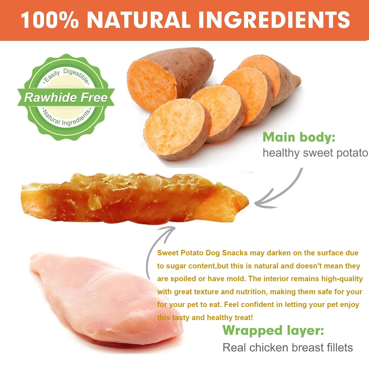 Bulk Chicken Dog Treats Pack – 2× 10.58oz Chicken Wrapped Sweet Potato Jerky & 2× 18pcs (8.8oz) Chicken Wrapped Rawhide Sticks – Natural Grain-Free Chews for Training & Dental Health, Large Dogs