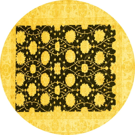Ahgly Company Machine Washable Indoor Round Oriental Yellow Traditional Area Rugs, 6' Round