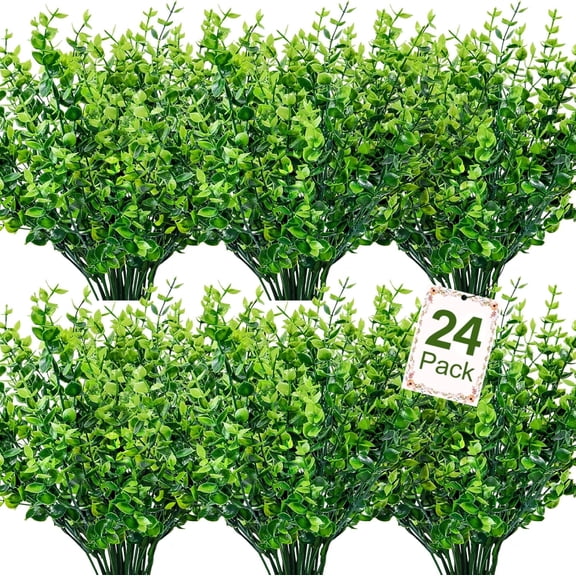 24-Pack Artificial Boxwood Eucalyptus Bundles 13" UV-Resistant Faux Greenery 168 Stems Plastic Plants for Garden Porch Patio Window Box Wedding Office Home Indoor & Outdoor Decor