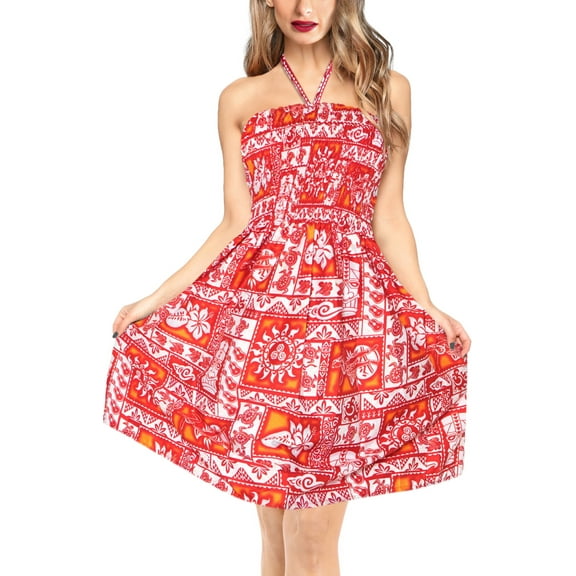 HAPPY BAY Women's Summer Boho Beach Halter Smocked Mini Flowy Dress Tube Top Strapless Dresses for Women L-XL Ruby, Sun