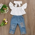 thumbnail image 2 of Toddler Baby Girls Ruffle Off Shoulder Top Ripped Hole Denim Long Pant Jeans Outfit 2Pcs Summer Fall Clothes Set, 2 of 7