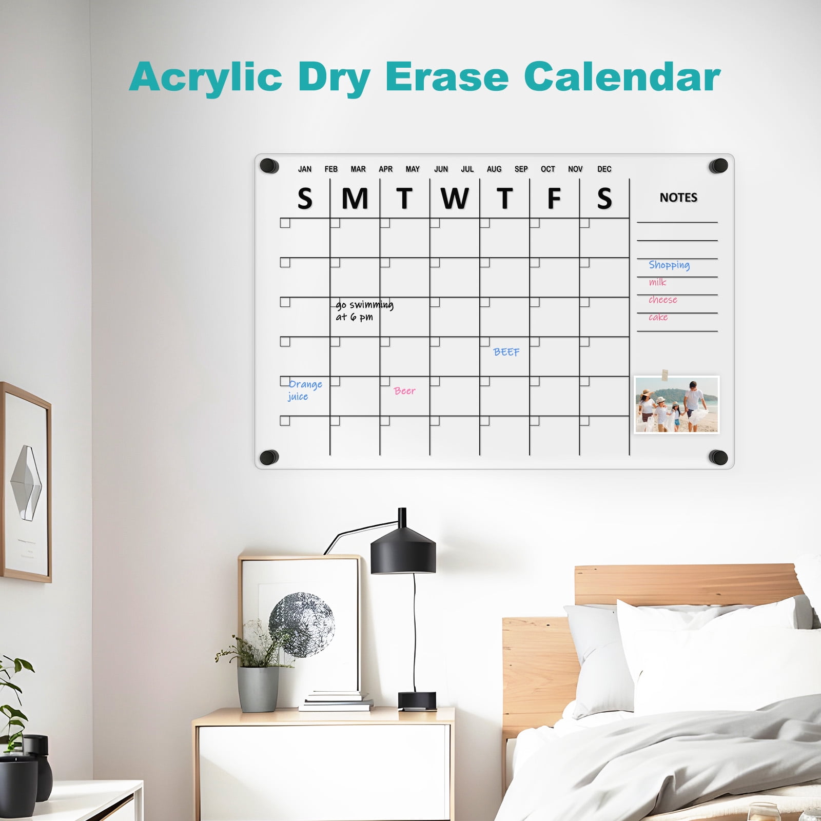 DOLLAR BOSS Large Oversize Crystal Clear Acrylic Wall Calendar Dry & Erase Board 24" X 16" Monthly Family Calendar Home Office Glass Calander Reusable Big Whiteboard with Markers, Black Print