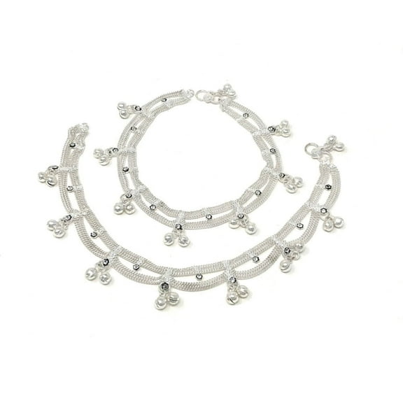 Duel On Jewel Silver-Finish Jhanjar Anklet Payal Pair with White Stones and Hanging Chain Beads, 9.63-Inch Length, S-Hook Clasp, Traditional Indian Jewelry for Bridal, Dance, Beach, and Party Wear