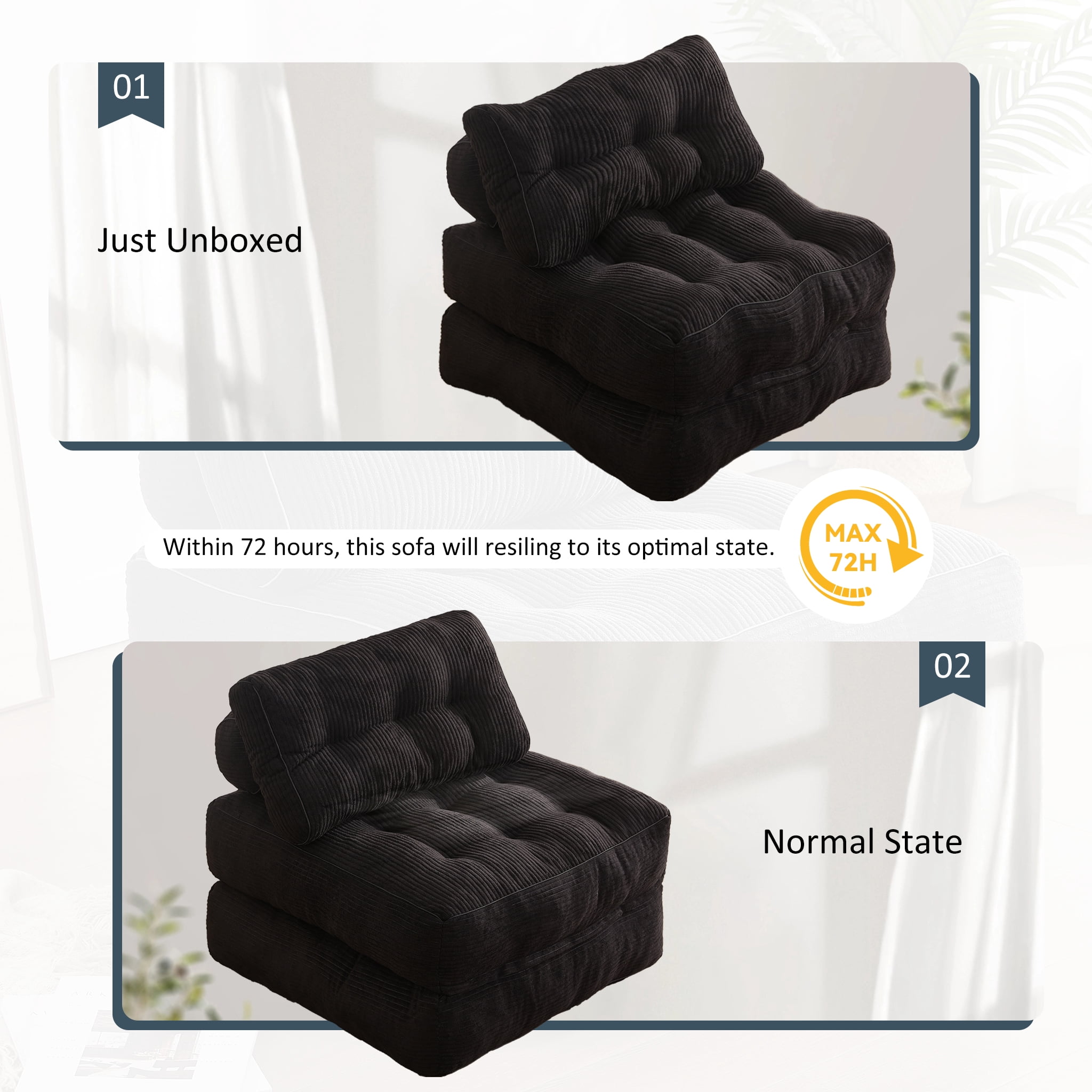 EJC Folding Sofa Bed - Convertible Futon for Homes & Small Spaces, Comfortable Portable Chair for Livingroom and Bedroom, Black