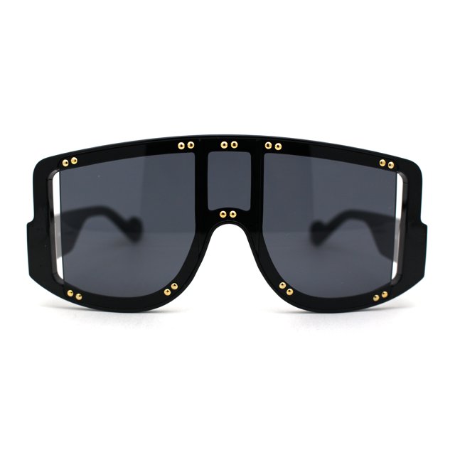 Multi Panel Shield Drop Temple Plastic Curved Top Racer Sunglasses All Black