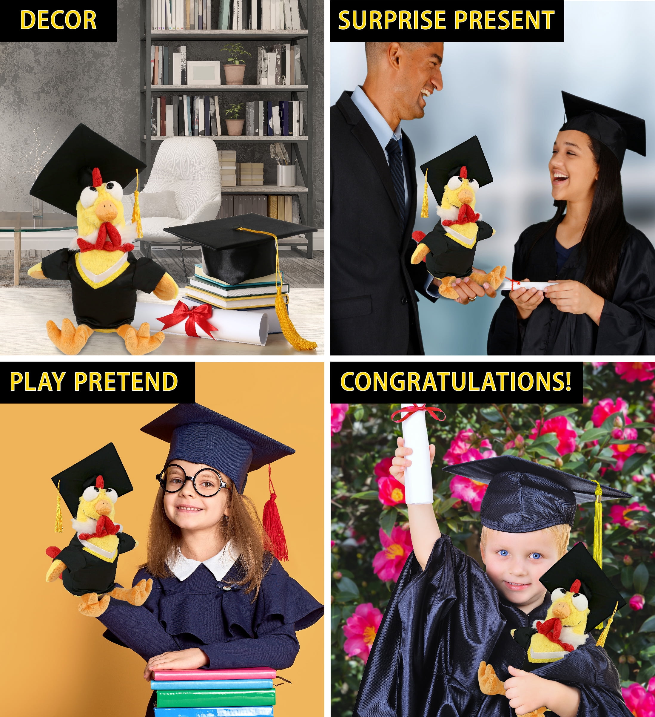 DolliBu Yellow Rooster Graduation Plush Toy - Super Soft Rooster Graduation Stuffed Animal Dress Up with Gown and Cap with Tassel Outfit - Reward Celebration Grad Gift - 10.5 Inch