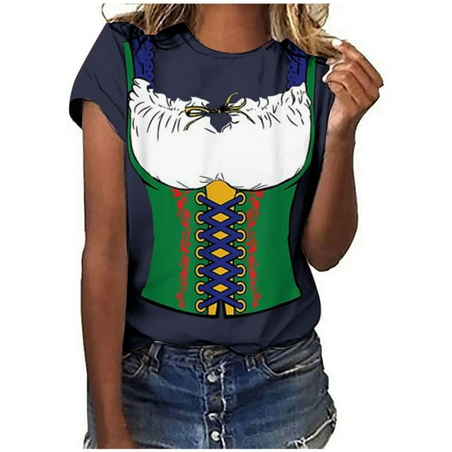 Pompotops Blouse Décontractée Mode Femme Imprimé Oktoberfest Col Rond T-Shirt Blouse Imprimée Tee Liquidation