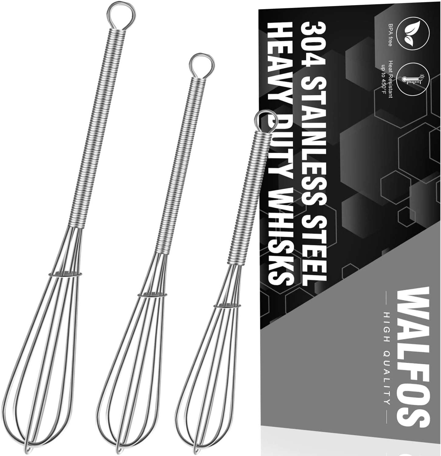 Walfos Stainless Steel Whisk, Mini Whisk Set,6''+7''+8''wire whisks for cooking stainless, Ideal for Whisking, Mixing, Stirring, Beating3pcs