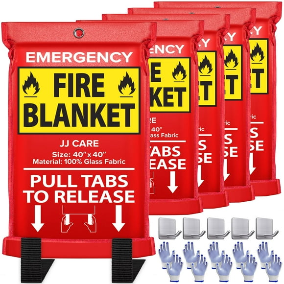 JJ CARE Fire Blanket – 5 Packs with Hooks and Gloves – Emergency Fire Blanket for Home & Kitchen, High Heat Resistant Fire Suppression Blankets for Home Safety, Kitchen, and Campin