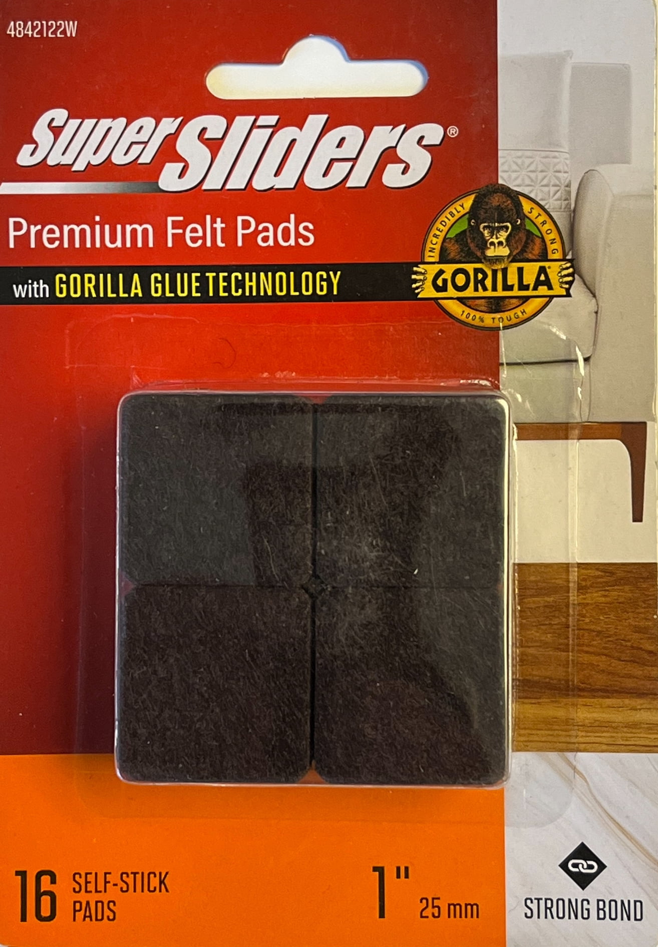 (2 pack) Super Sliders With Gorilla Glue Technology 1" Square Brown Felt Pads 16PC