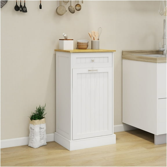 JERFIT White Pull-Out Trash Can Cabinet with Drawer, Tilt-Out Kitchen Waste Bin Holder, MDF Storage Organizer for Pantry, Laundry Room