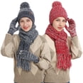 thumbnail image 3 of Conjunto de tres piezas de gorro de lana de punto de color otoño e invierno con bufanda gruesa y guantes para pantalla táctil, 3 of 4