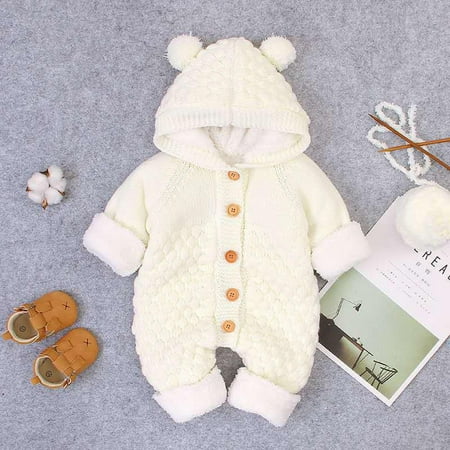 

purcolt Baby Boys Girls One-Piece Knitted Hooded Jumpsuit Autumn Winter Warm Sweater Romper Outfits Infant Fleece Lined Buttons Bodysuit Playsuit Newborn Clothes