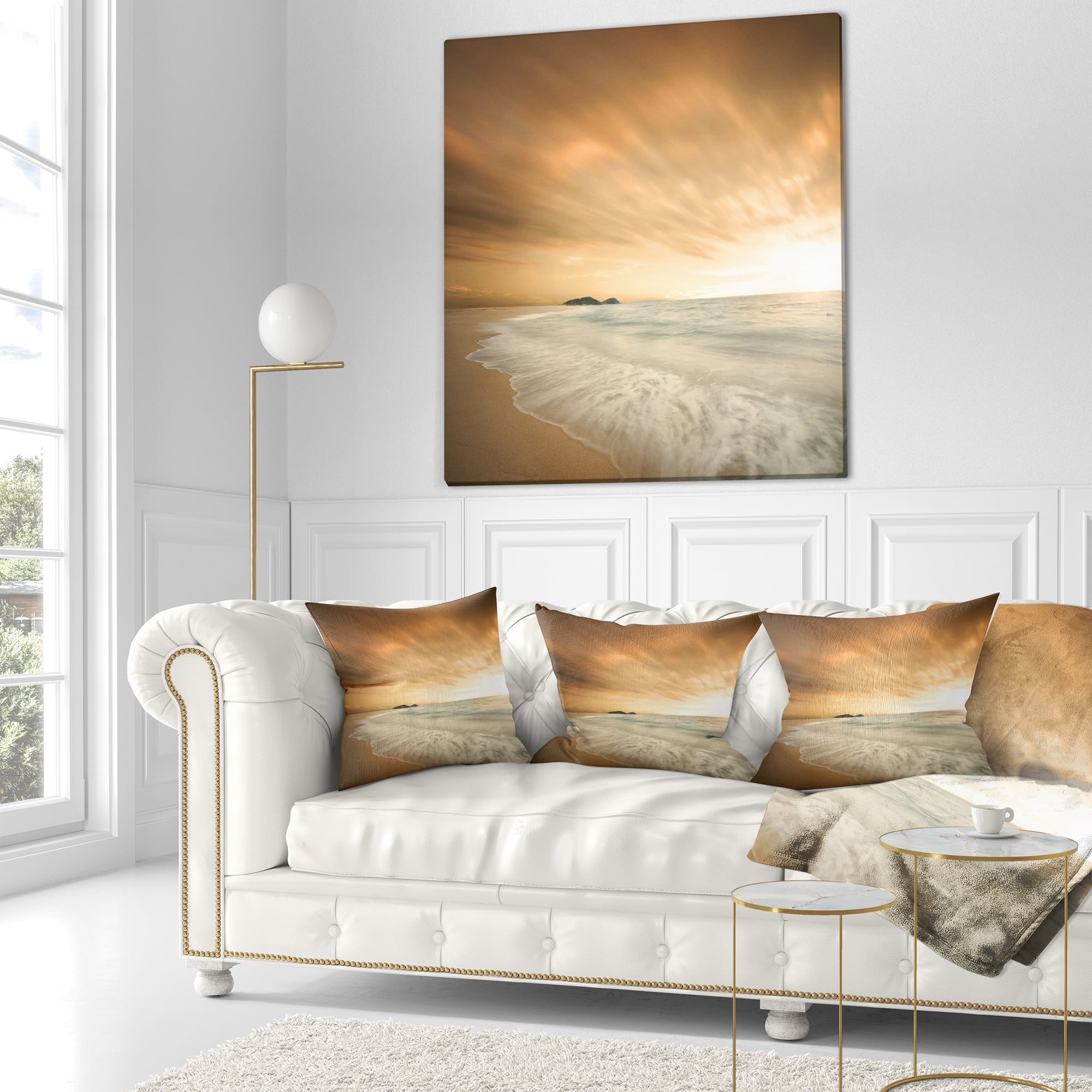 Designart Beautiful Brown Beach at Sunset - Beach Throw Pillow - 16x16