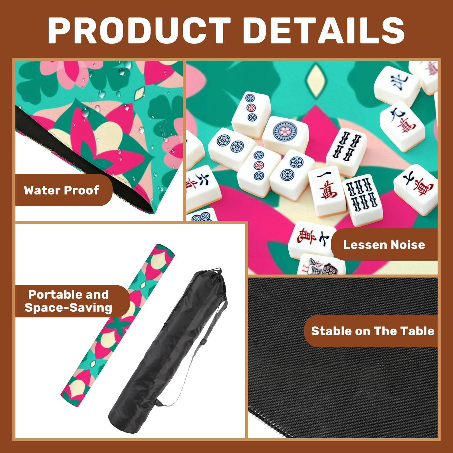 Mahjong Mat 31.5" x 31.5" Colorful Floral Geometric Pink Green Cream Accents Non-Slip Noise Reduction American Mahjong Tiles Table Cover for Dominoes Poker Card Board Games Gift