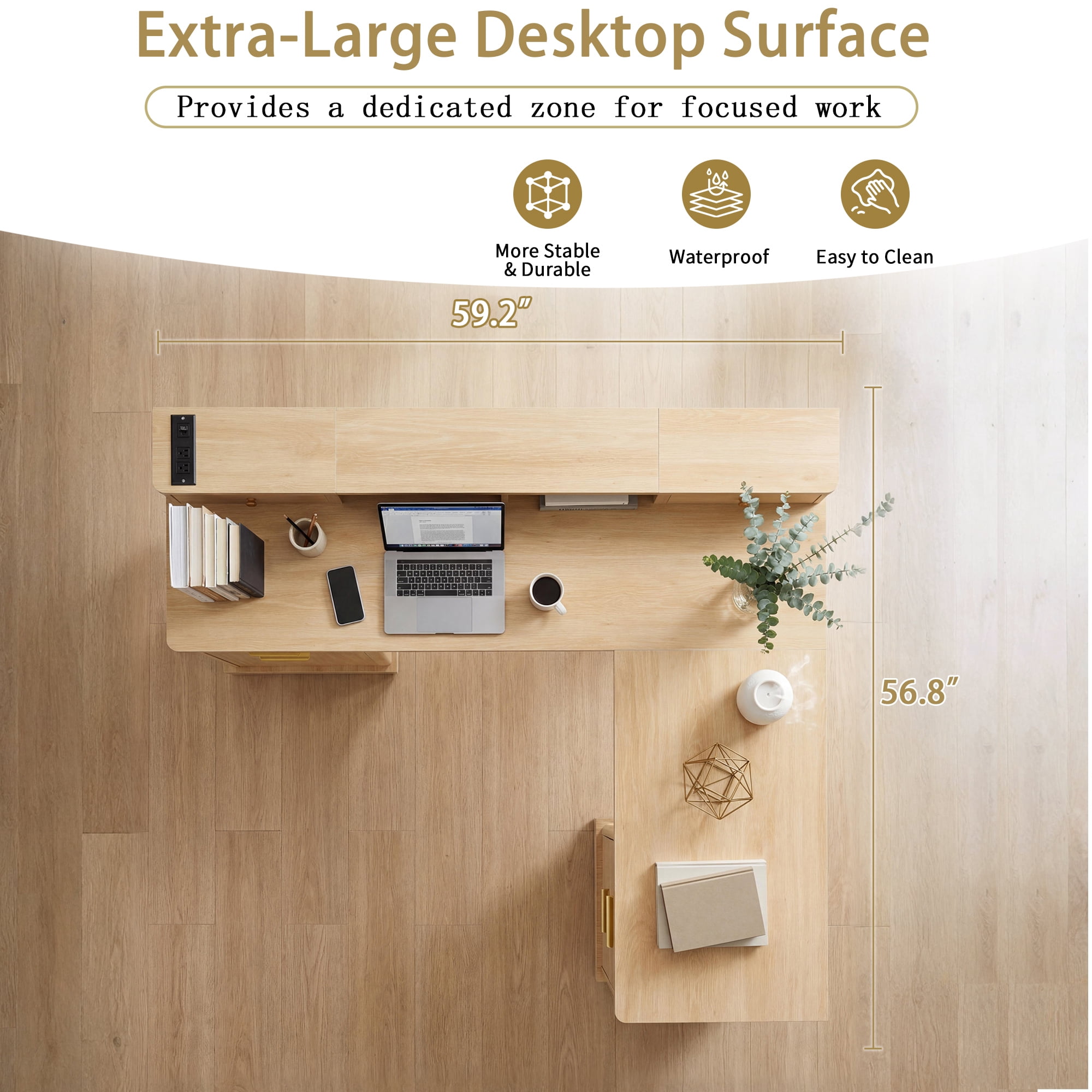 Mintazer 59" Modern Fluted L-Shaped Desk with Charging Station & Storage Drawers, Computer Desk with Monitor Stand & File Drawer for Study Living Room Home Office, Natural