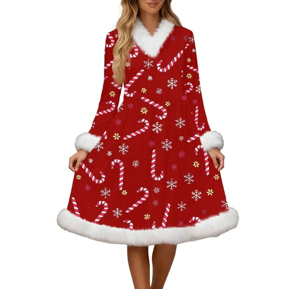 Women's Fashion Casual Gold Velvet Fleece Dress with Christmas Print, V-neck Long-sleeved Dress for Holiday Parties and Everyday Wear, Soft Women's Winter Dress,Red,M
