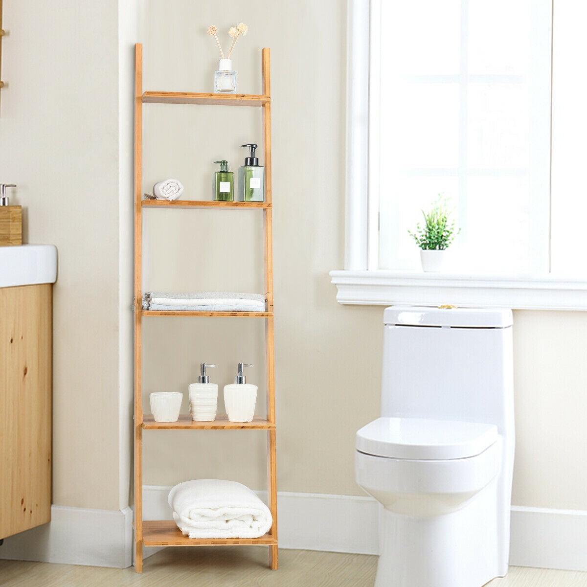 Gymax 5-Tier Ladder Shelf Modern Ladder Bookcase Open Display Bamboo Leaning Bookshelf