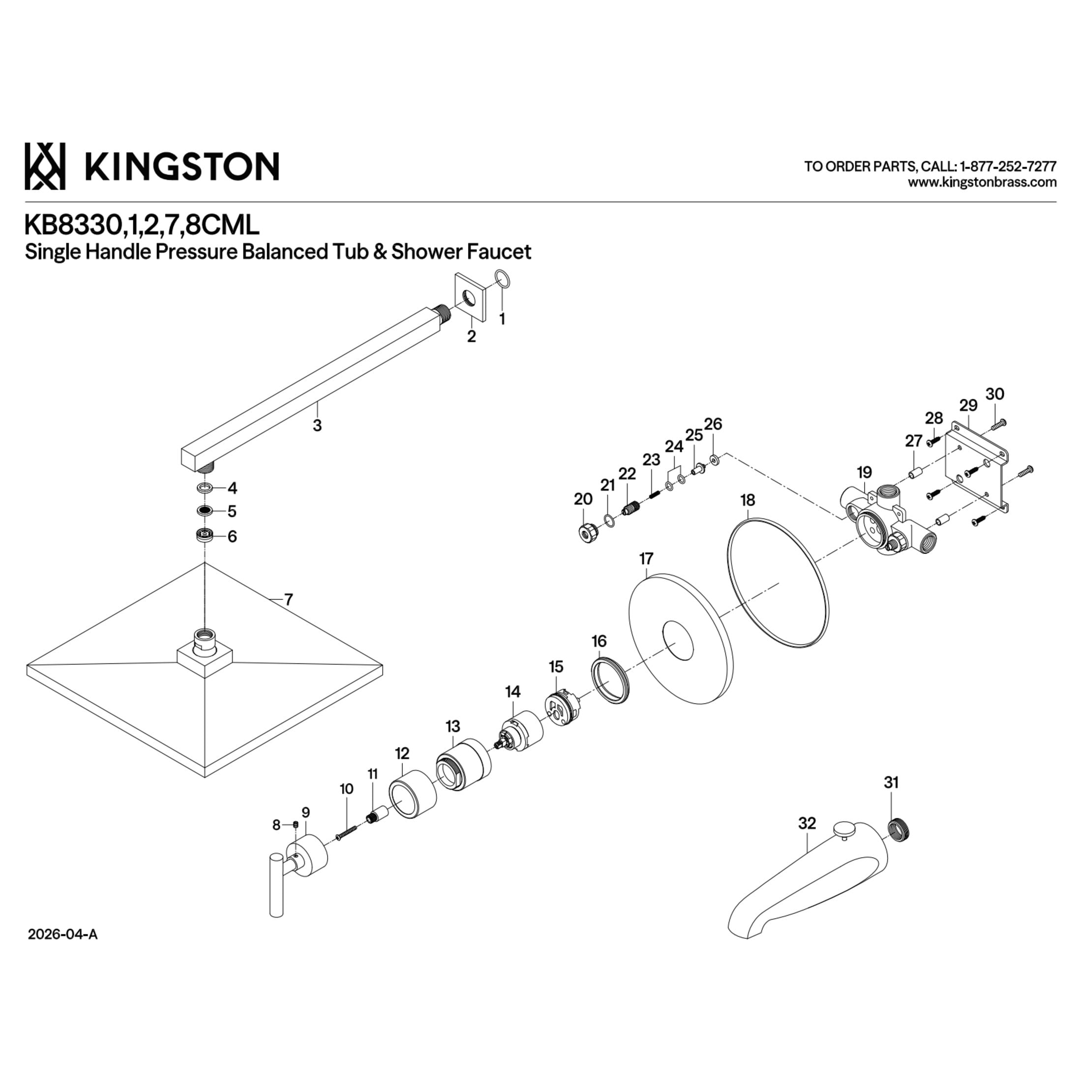 Kingston KB8331CML Manhattan Single-Handle Pressure Balanced Tub and Shower Faucet, Polished Chrome