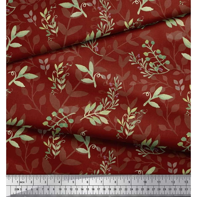 Soimoi Red Poly Georgette Fabric Berries Leaves Print Fabric by the Yard 42 Inch Wide