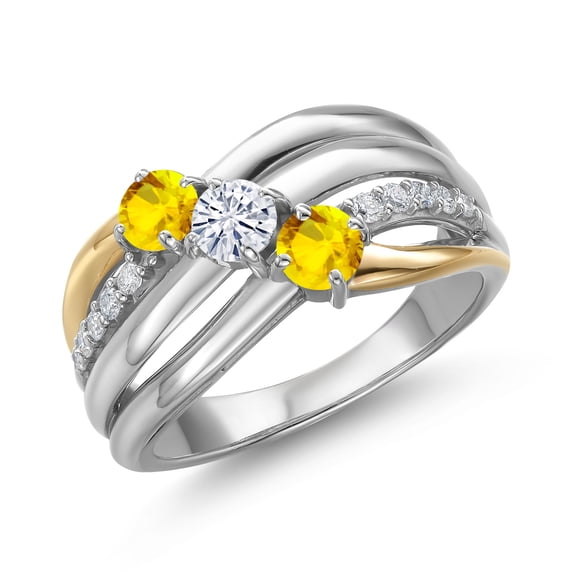 Gem Stone King 925 Silver and 10K Yellow Gold Yellow Sapphire and Moissanite and Lab Grown Diamond Engagement Ring for Women | 1.10 Cttw | Round 4MM | September Birthstone | Size 5