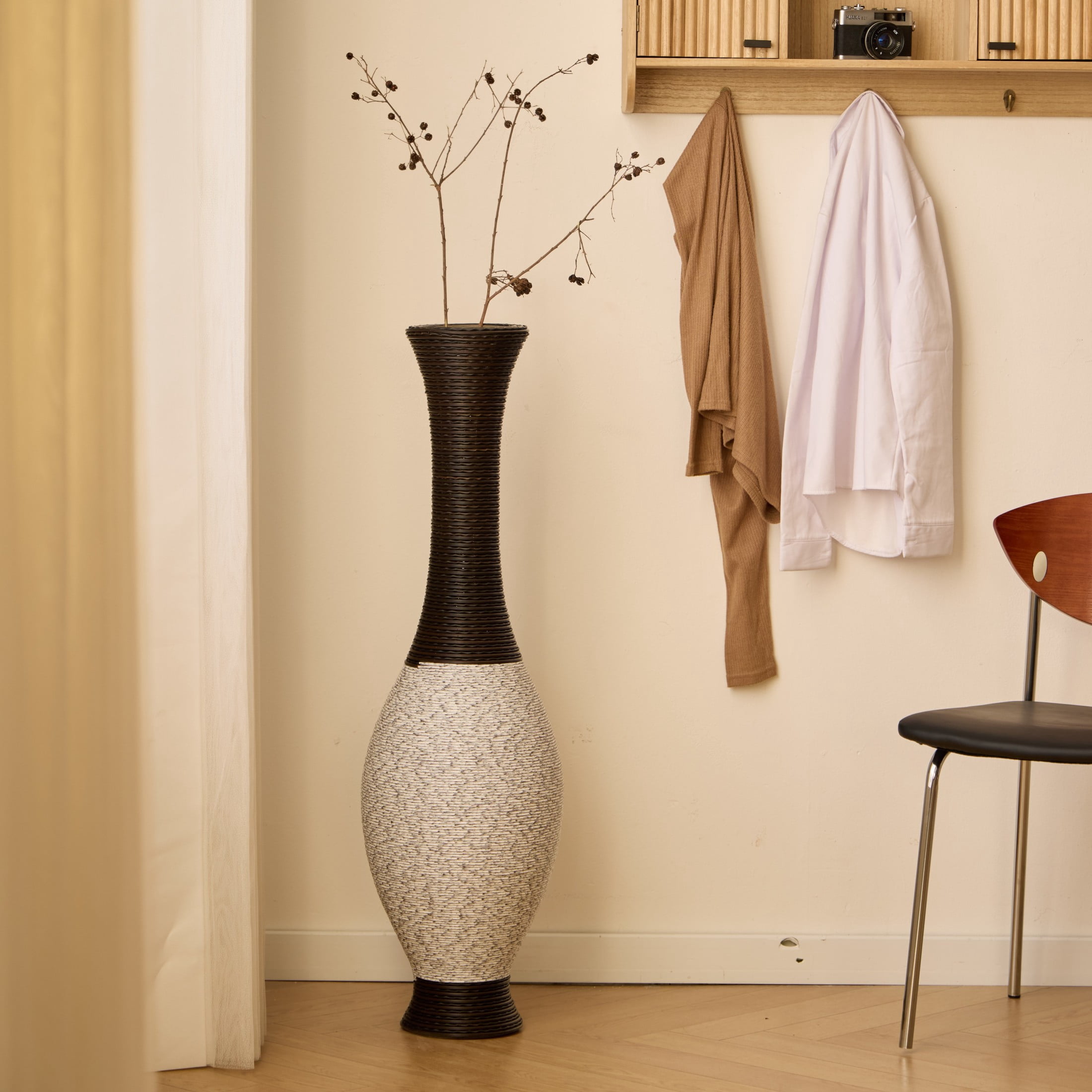 Noble House 39.37" Tall PVC Floor Vase, Hand-Woven Rattan-Look Textured Vase, White+Black