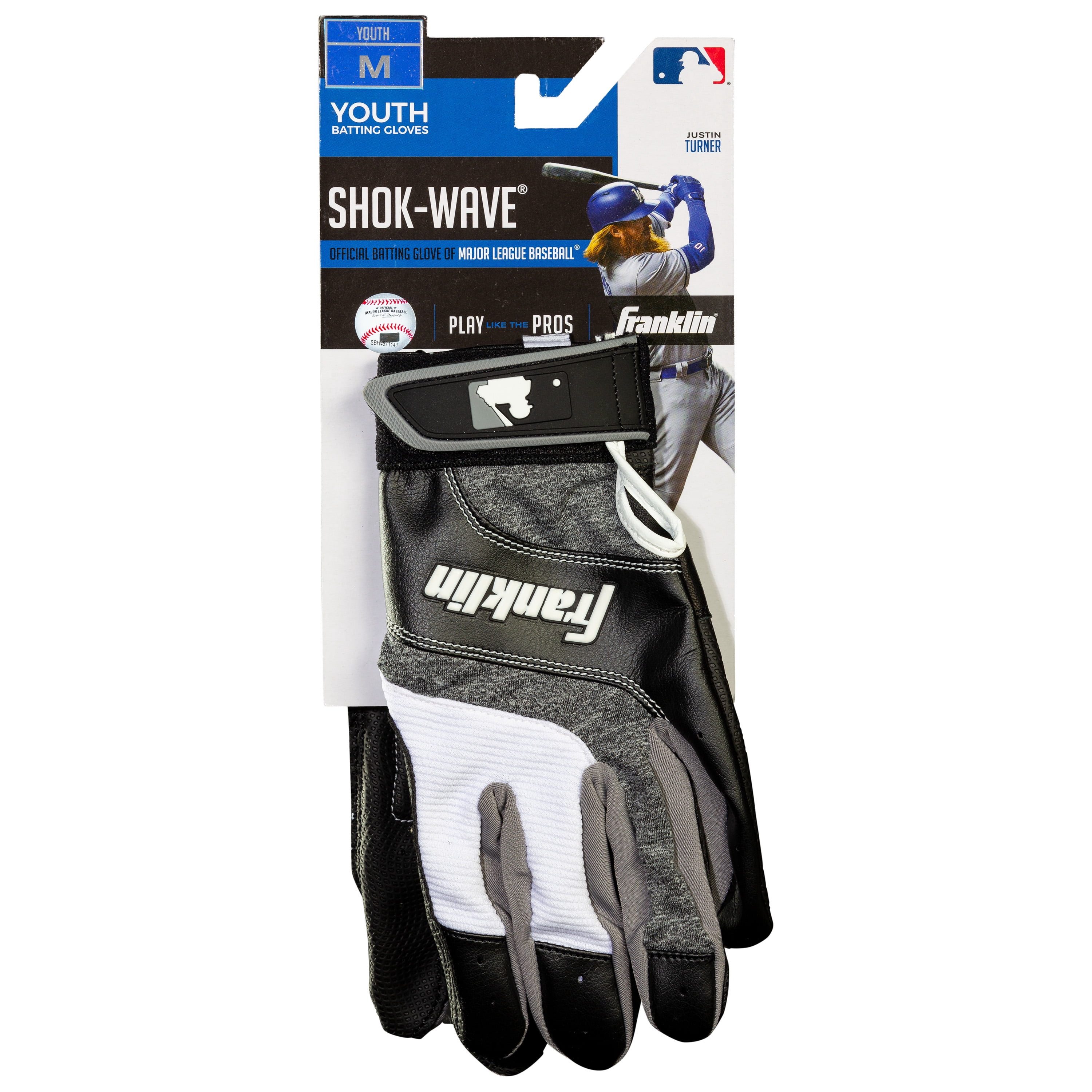 Franklin Sports MLB Shockwave Baseball Batting Gloves, Black / Gray / White, Youth Medium