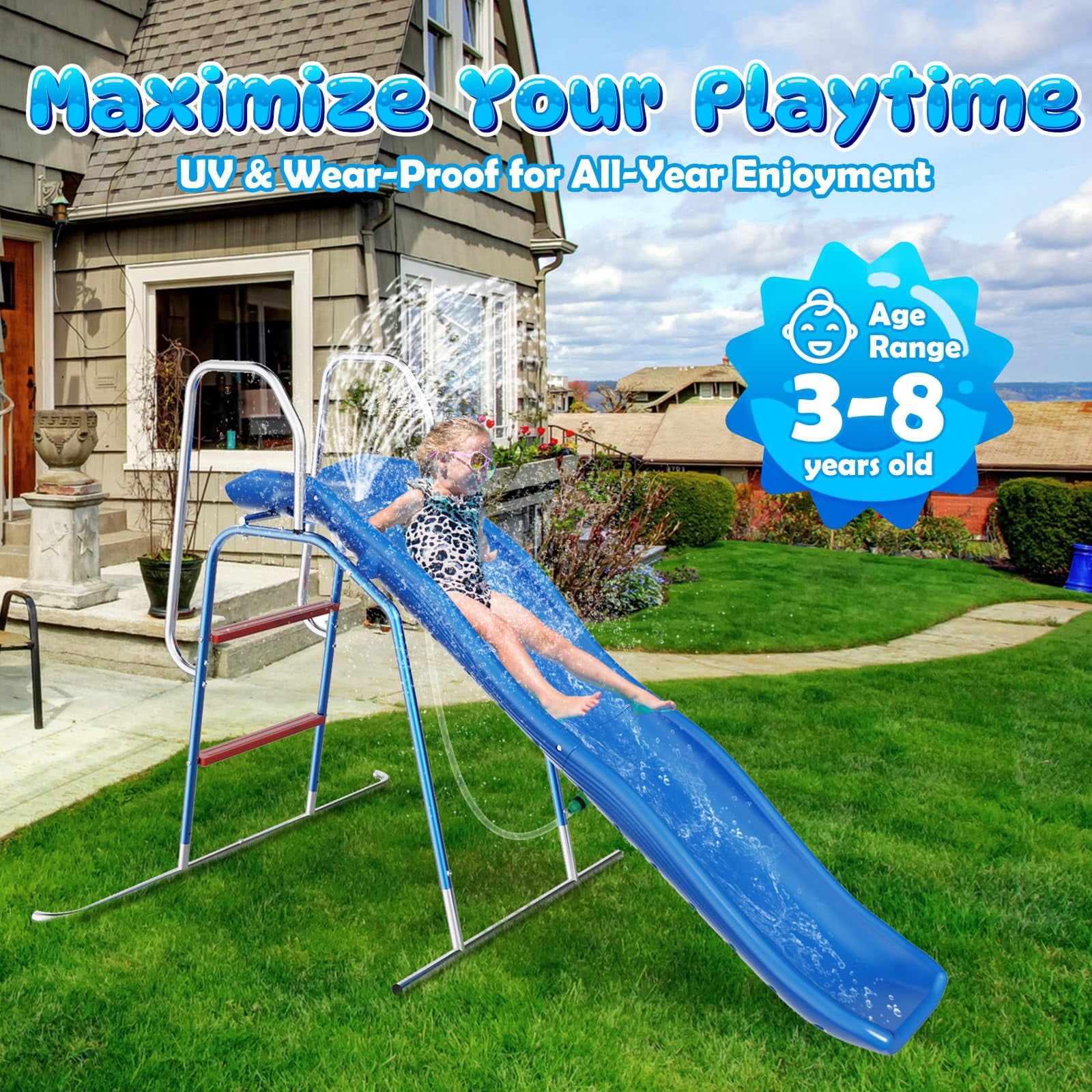 Lawn Water Slide with 3-Zone Spray Sprinkler and Ground Tarp Backyard Summer Outdoor Play