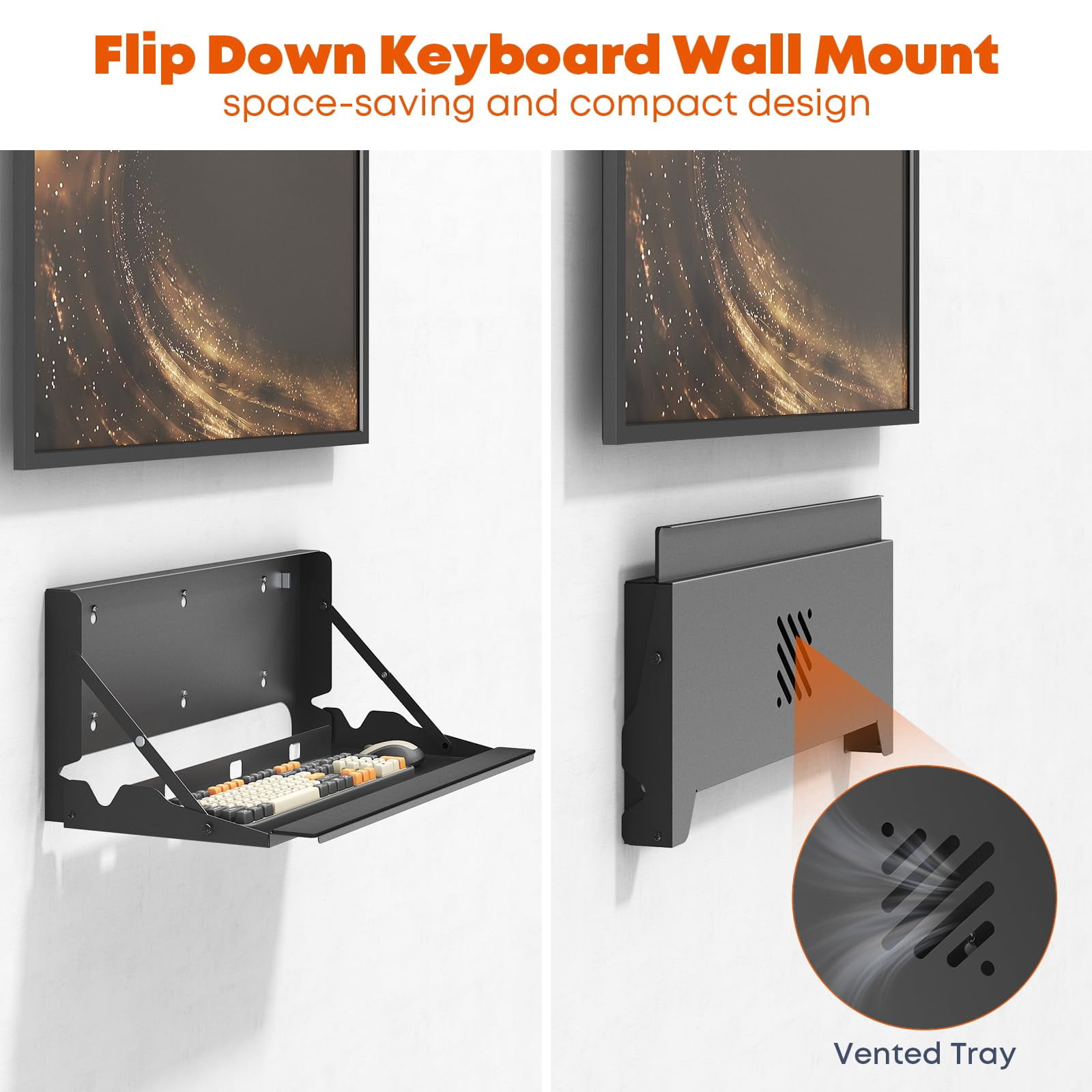 PUTORSEN Flip Down Keyboard Tray Wall-Mount - 24 Inch Computer Keyboard and Mouse Platform Tray, , Mouse Pad and Wrist Pad Included, Holds Up to 22 lbs, Black