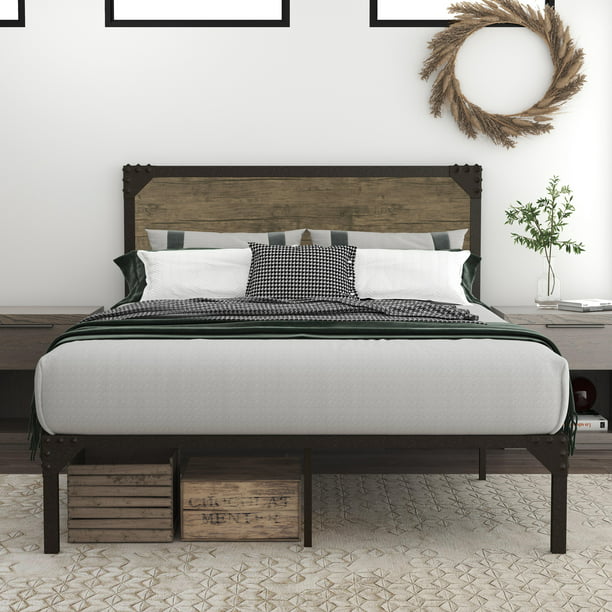 Allewie Queen Size Industrial Bed Frame, Strong Bed Frame Queen