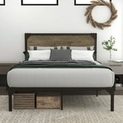 Allewie Queen Size Bed Frame with Wooden Rivet Headboard,Strong Steel Slat Support,Idustrial Style