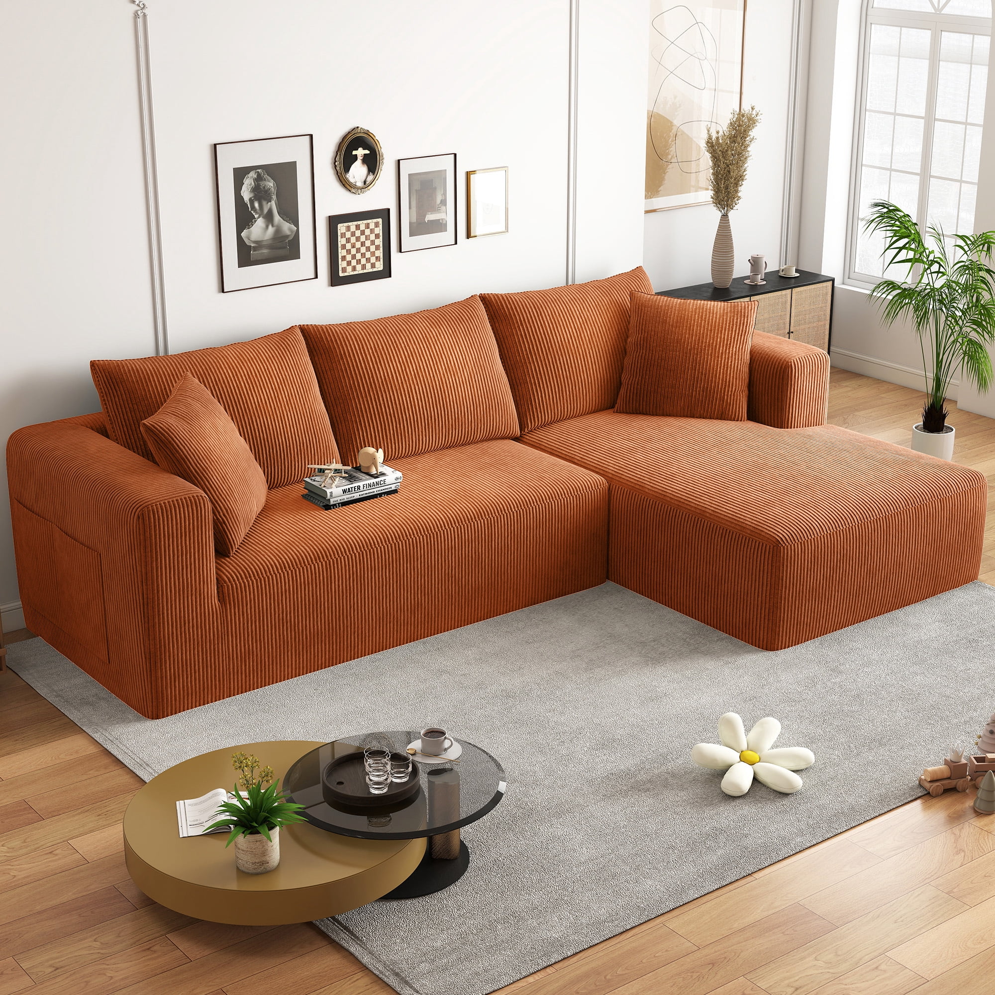 AENKYO 104 Modular L-Shaped Sectional Sofa with Chaise Lounge, Cloud Couch Deep Seat, Corduroy Upholstered Living Room Furniture, No Assembly Required, Orange
