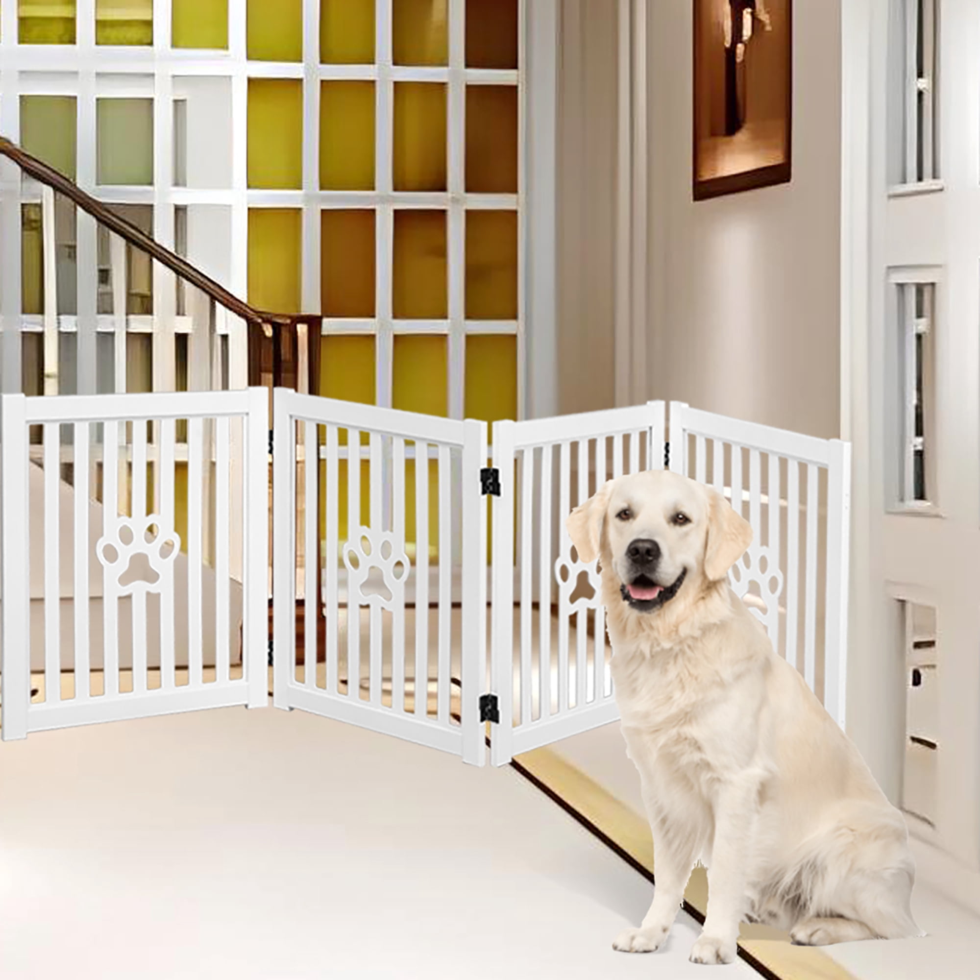 Trimate: 4 Panel Dog Gate - White - Foldable Wooden Freestanding Pet Gate, 80"L x 23.6"H, For Doorways, Halls & Stairs, 360 Degree Rotated Hinges