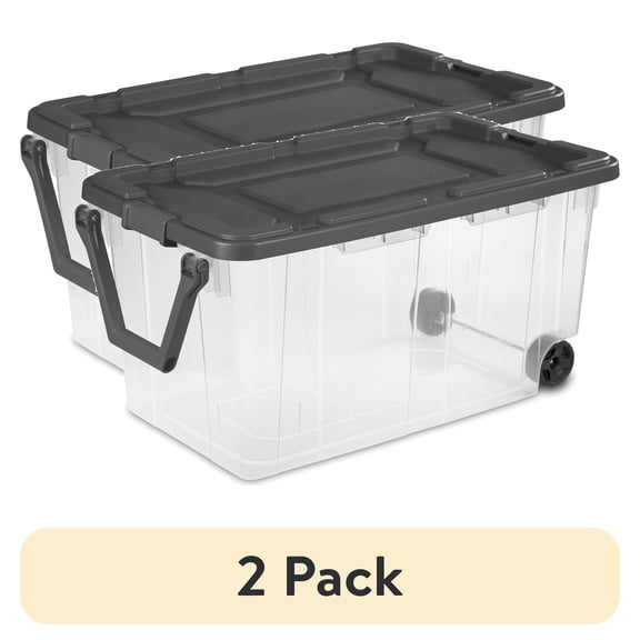 (2 pack) Sterilite 160 Quart Wheeled Storage Box, Extra Large Durable Clear Plastic Bin, Latch Lid, Gray