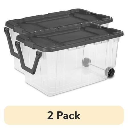(2 pack) Sterilite 160 Quart Extra-Large Wheeled Storage Bin Clear Storage Container with Latch Lid and Pull Handle Durable Dark Gray