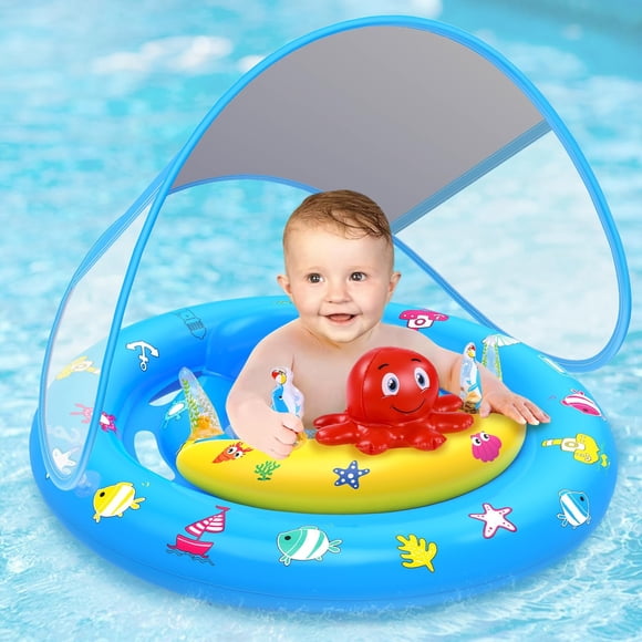 Flotador de piscina para bebés HINZER Blue Shark con toldo de 3 a 36 meses
