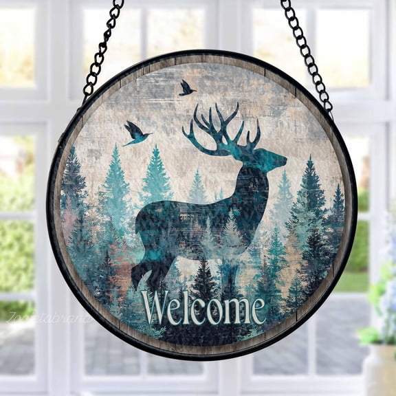 Deer Stained Glass Suncatcher Metal Outdoor Decor Abstract Forest Teal Blue