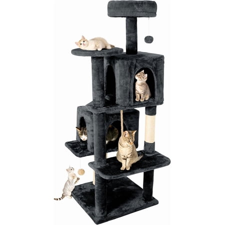 58in Large Cat Tree Tower for Indoor Cats with Soft Plush Hang Ball Two Condos Sisal Scratch Posts & Rope Play for Kittens/Adult Cats Dark Grey
