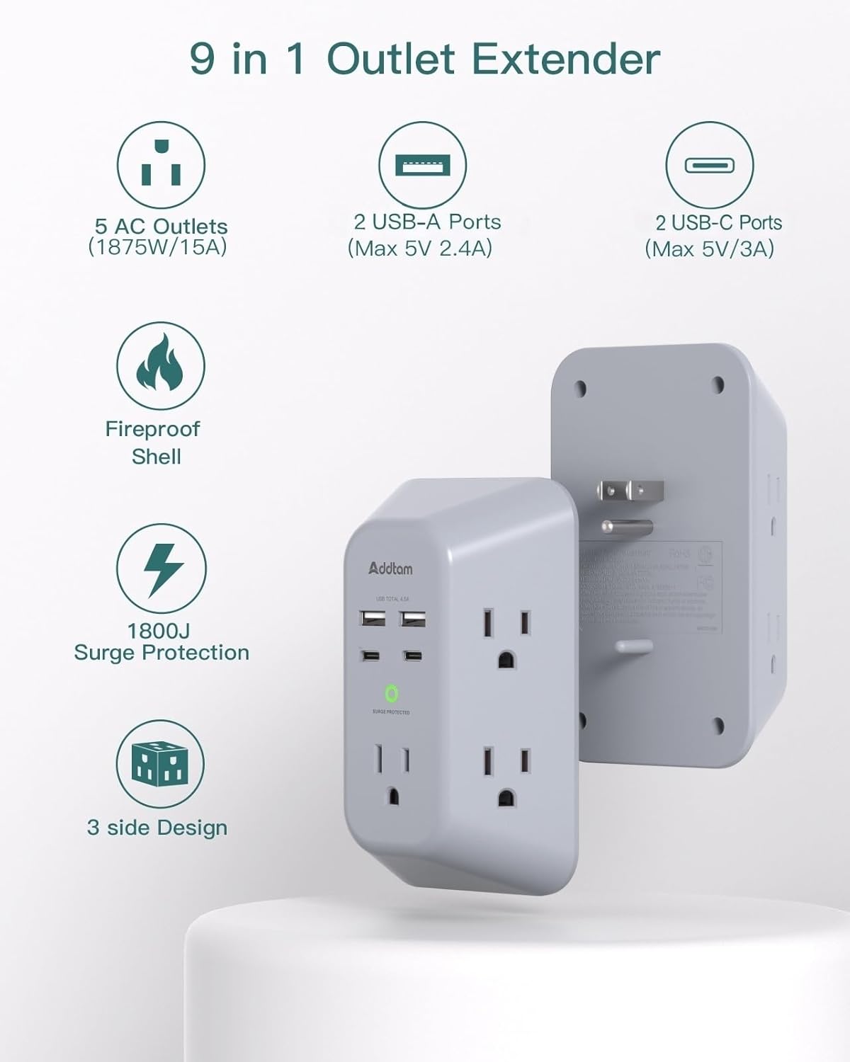 JJEAN-Surge Protector Outlet Extender, Multi Plug Wall Outlet with 4 USB Ports(PD 20W), 3-Sided 1800J Power Strip Plug Extension Outlet Splitter, Gray