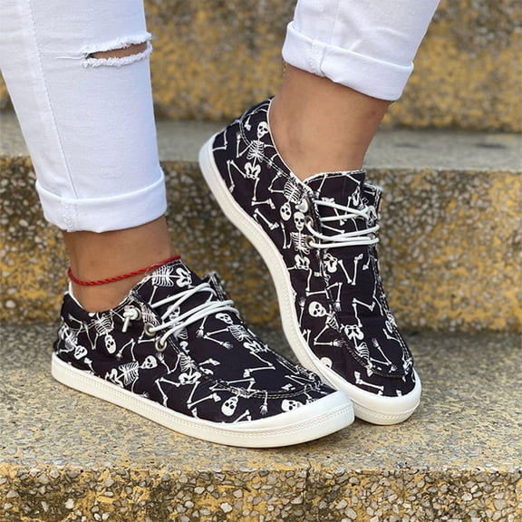 Halloween Pumpkin Canvas Shoes, Slip On Lace Up Casual Sneakers, Womens Canvas Sneakers Low Top Printed Lightweight Soft Casual Tennis Canvas Shoes Closed Toe Walking Flat Shoes, Black 5.5