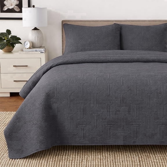 Cozy Line Home Fashions Square Diamond Maze Crisp Clean Solid Chic Gray 3 Piece Cotton Quilt Bedding Set, King
