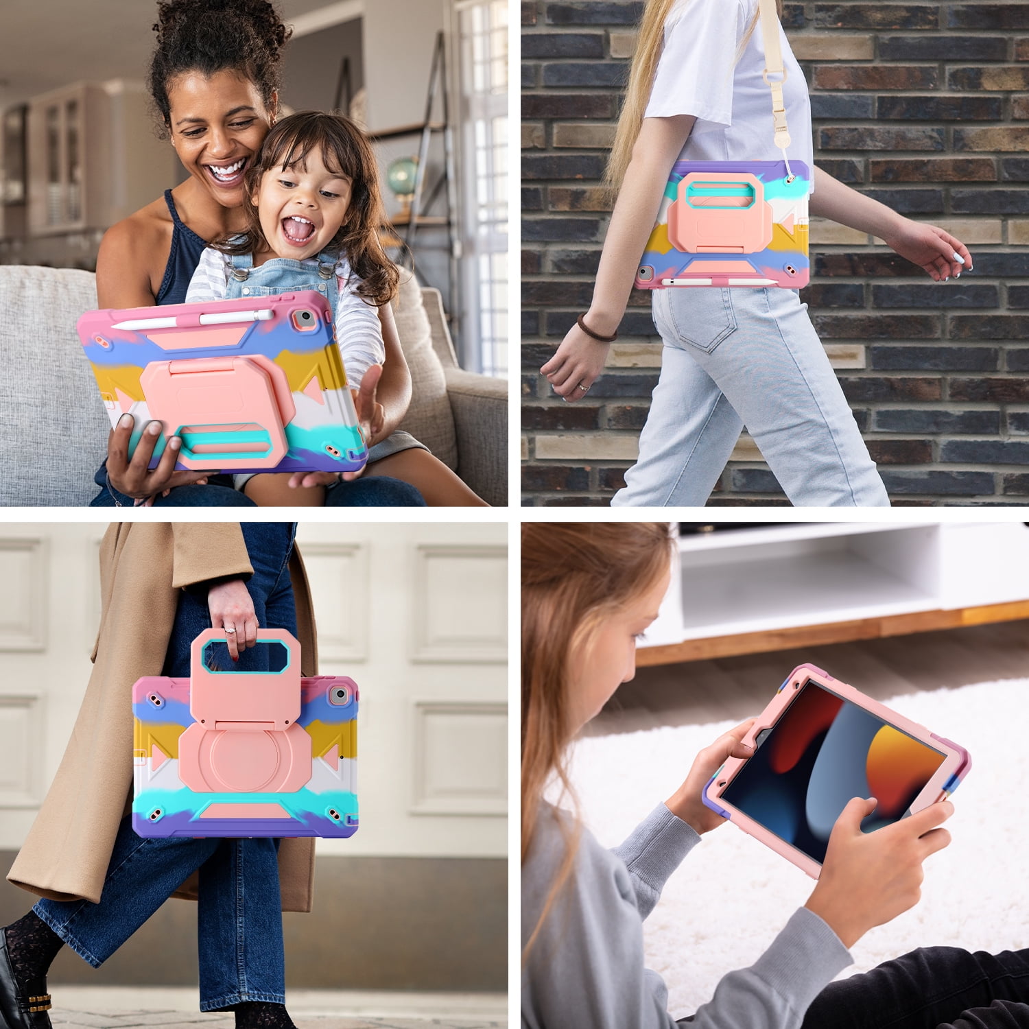 Allytechgroup Heavy Duty Shockproof Case Cover for Apple iPad 9th 8th 7th Generation, Ultimate Protection with Handle Stand, Shoulder Strap, and Pencil Holder Kids Friendly, Colorful
