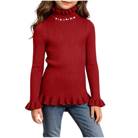 BLVB Girls Turtleneck Sweaters Pullover Toddler Baby Kids Ribbed Knit Ruffle Long Sleeve Jumper Tops Fall Winter Clothes(Red,2-3 Years)