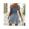 thumbnail image 4 of Square Neck Womens Boho Floral Smocked Short Sleeve Ruffle Beach Summer Mini Dress, 4 of 6