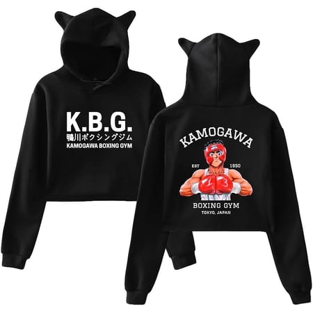 Hajime No Ippo Anime Kamogawa Boxing Gym Cat Ear Hoodie Women Long Sleeve Pullover Crop Tops